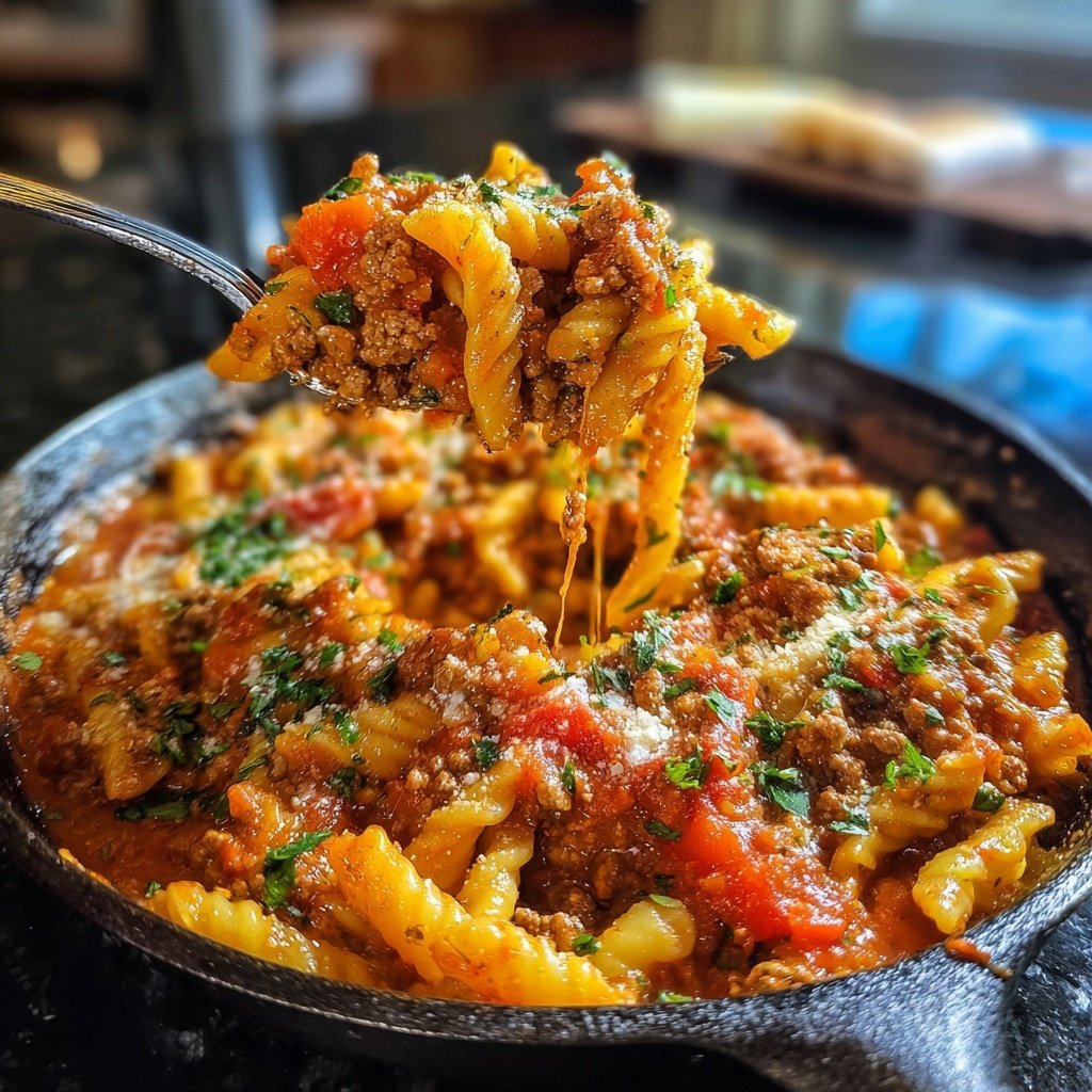 Hamburger Meat And Tomato Pasta Skillet